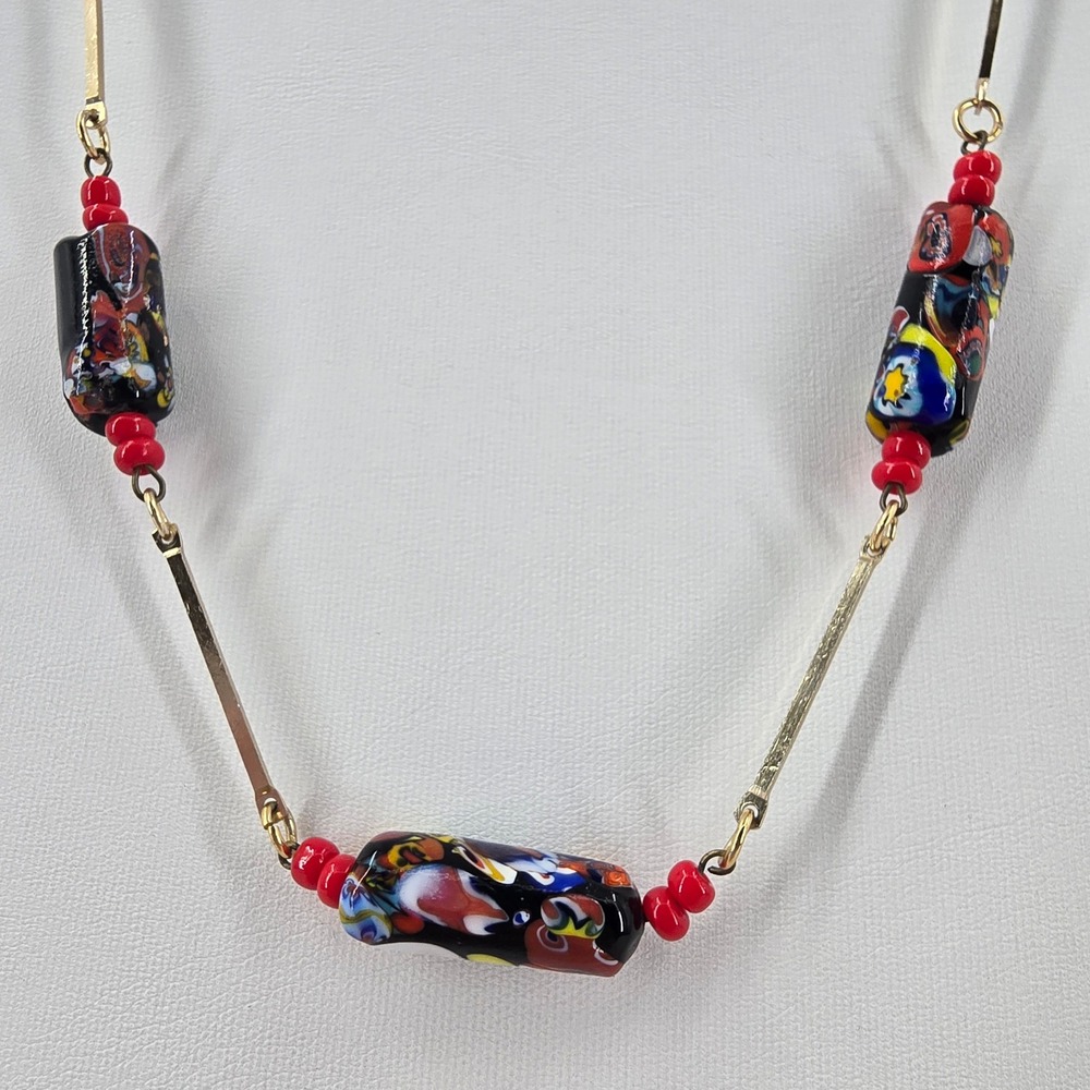 Vintage Millefiori Lampwork Art Glass Necklace Gold Tone Bar Boho